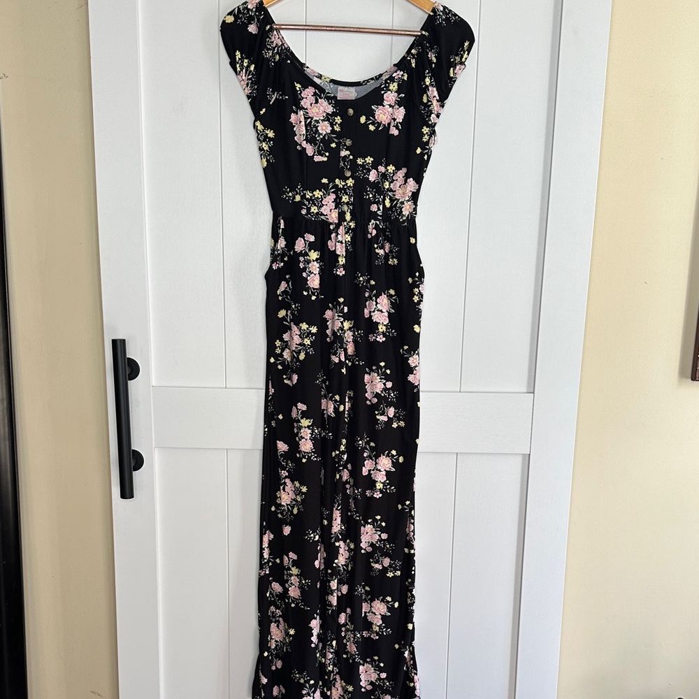 No Boundaries Black Floral Jumpsuit Tween Size Small